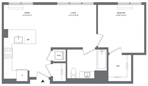 Floor plan for 1 bed, 1 bath, 666 sqft